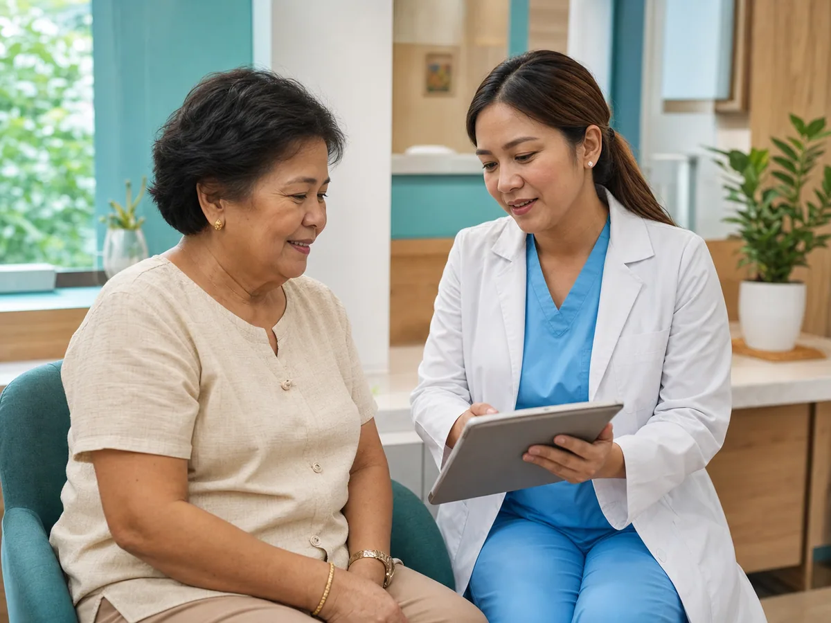 Filipino healthcare professional speaking with an older adult patient