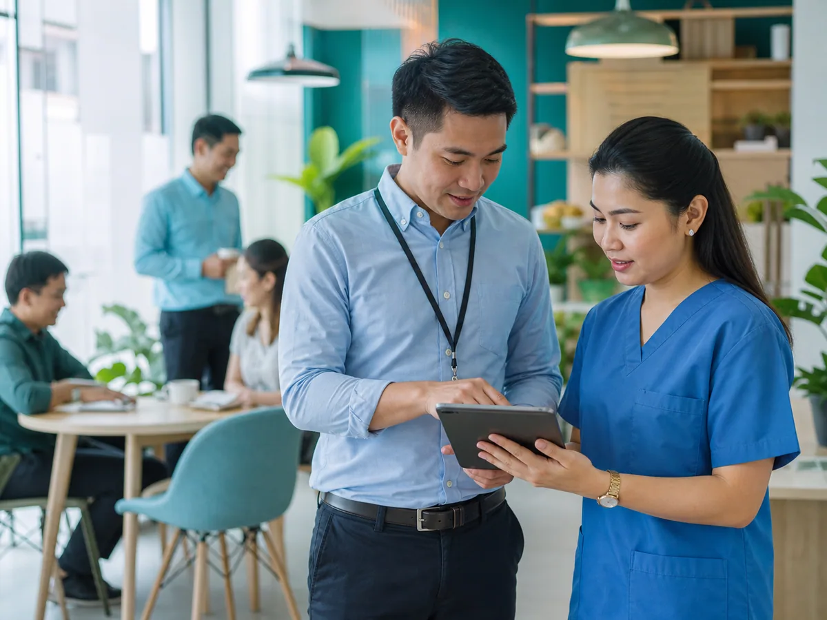 Filipino workplace coordinator and healthcare professional planning together